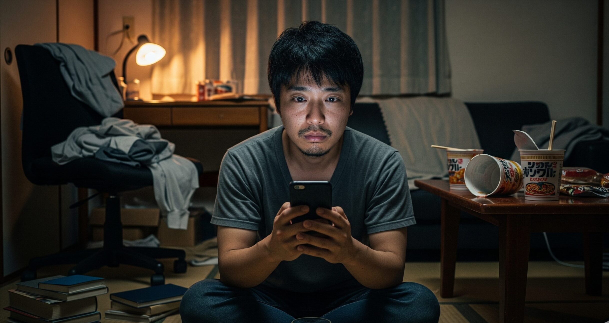 30代独身男性が薄暗い部屋で一人、無気力にスマートフォンを眺めている様子