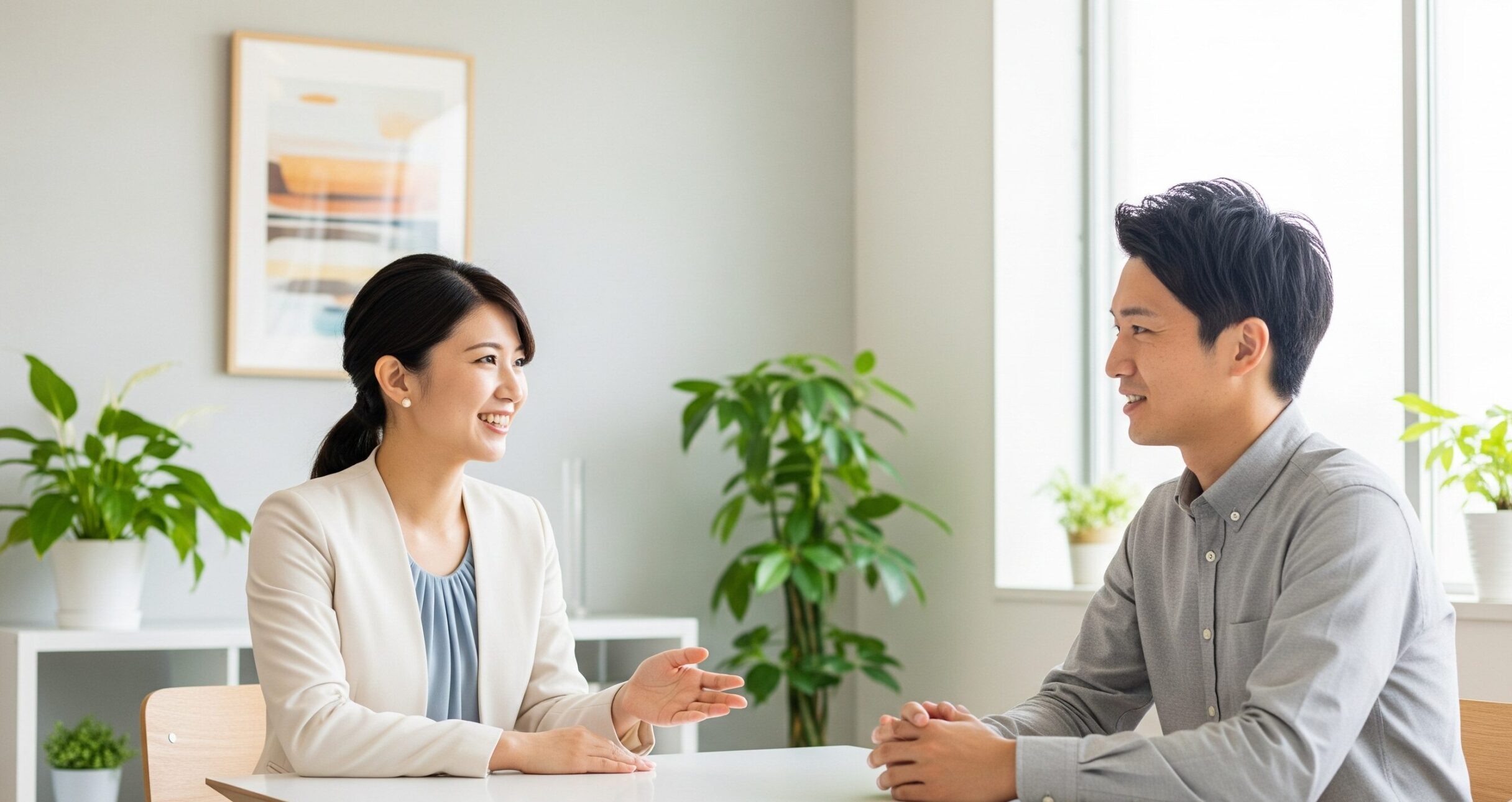 結婚相談所でカウンセラーと前向きに話をする30代男性の婚活イメージ