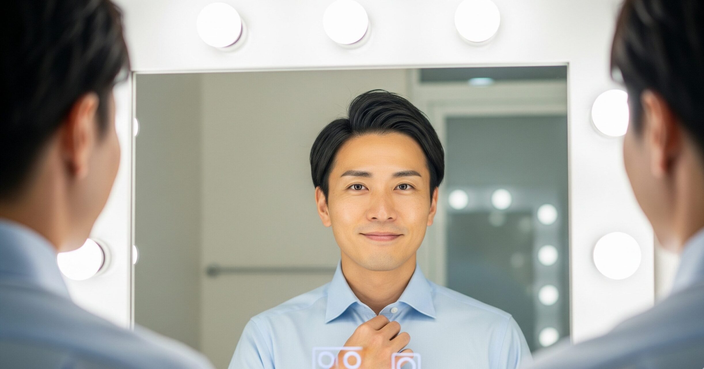 鏡の前で身だしなみを整え、清潔感あふれる姿に自信を持った30代男性