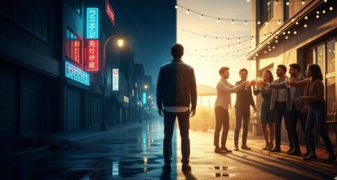 30代独身男性が「孤独な未来」と「仲間といる明るい未来」の岐路に立ち、未来を選択しようとしている様子のイメージ画像