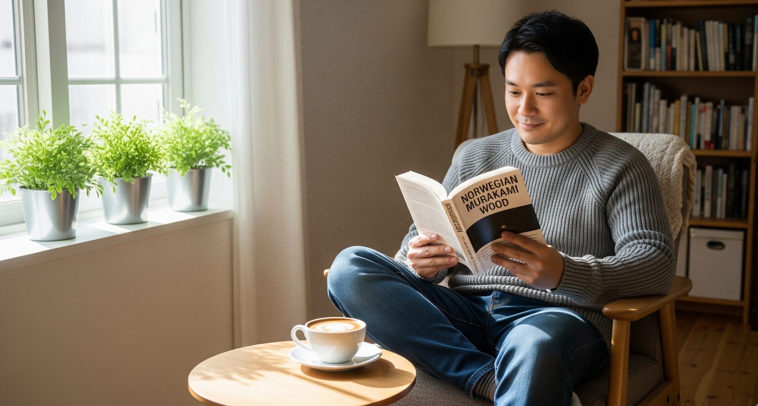 自宅でコーヒーを飲みながら読書をし、充実した一人の時間を過ごす30代男性