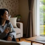 30代の独身女性が、静かな部屋で一人、窓の外を眺めながら物思いにふけっている様子