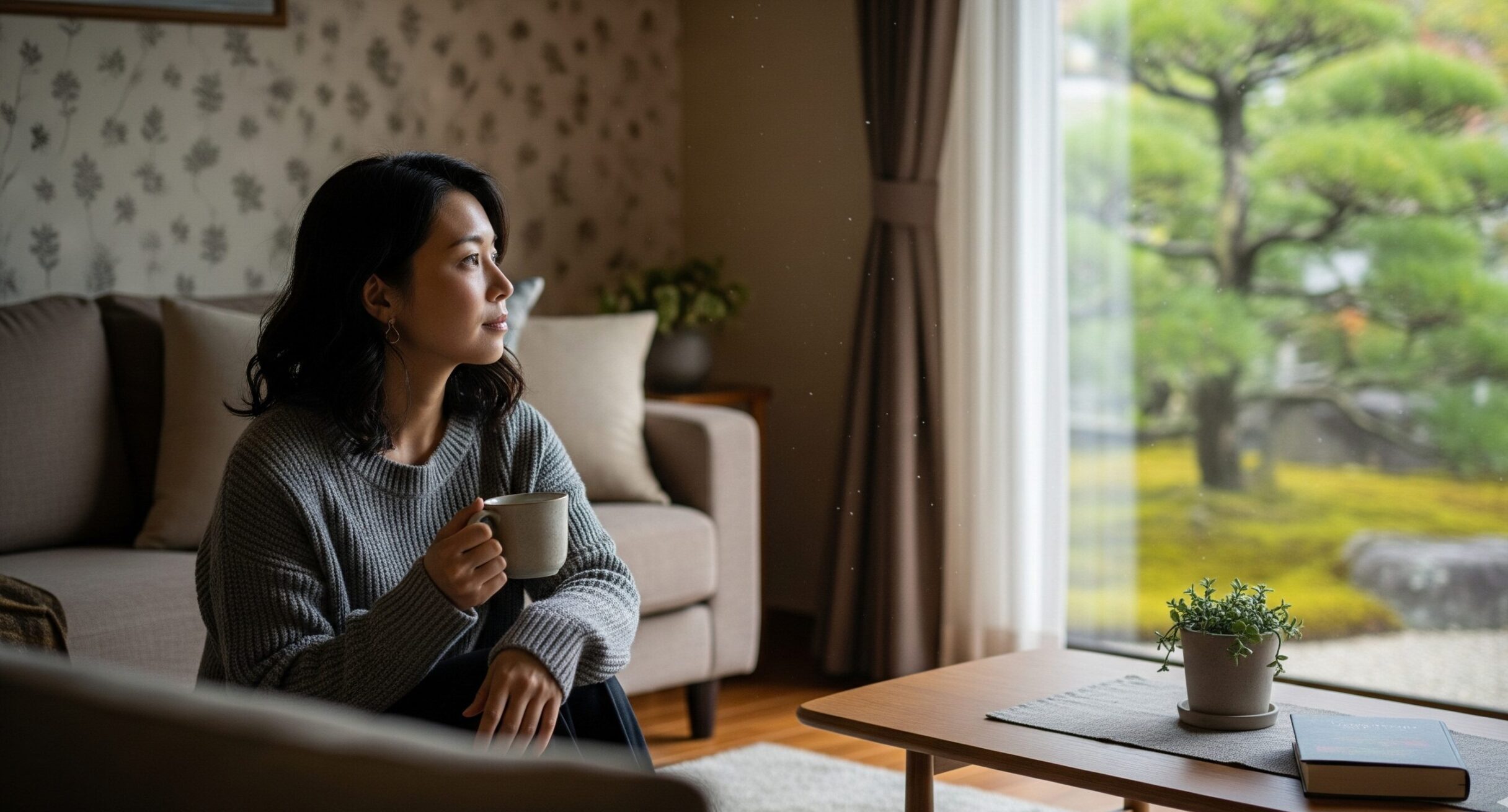 30代の独身女性が、静かな部屋で一人、窓の外を眺めながら物思いにふけっている様子