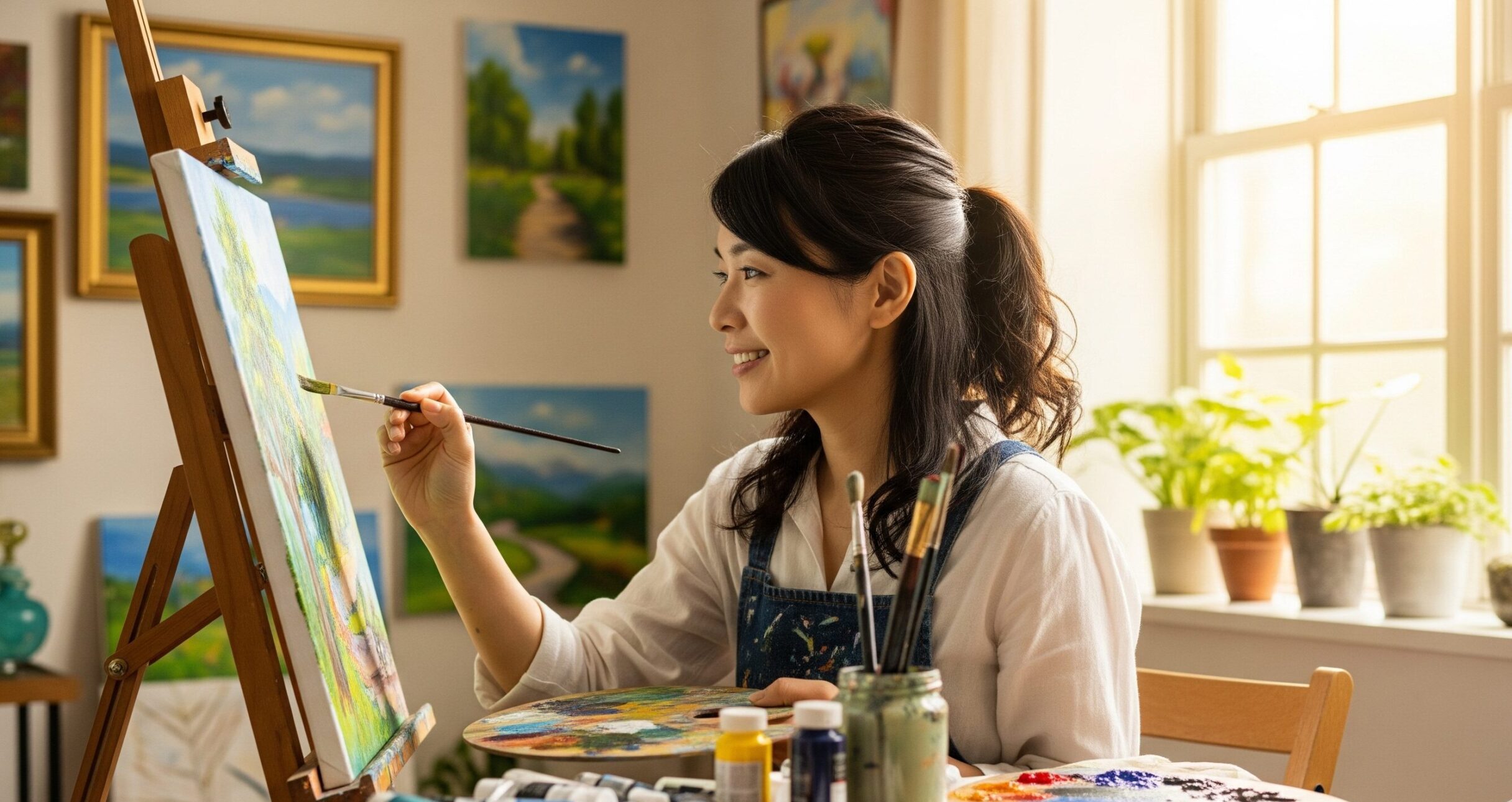 一人の時間を楽しむ30代女性が、明るい部屋で集中して絵を描いているクリエイティブな趣味の様子