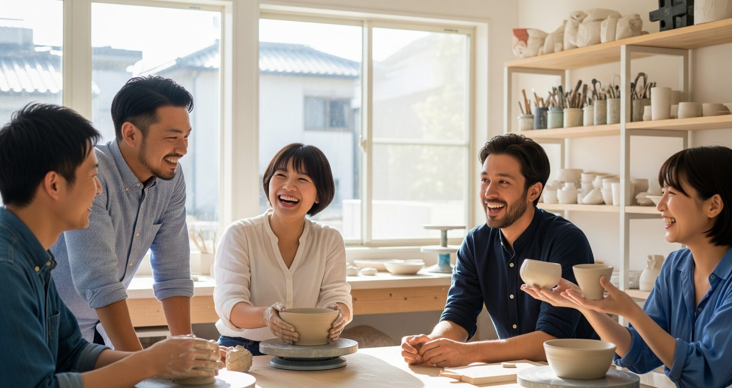 趣味の陶芸教室で、新しい友人たちと楽しそうに会話しながら作品を作る30代の女性