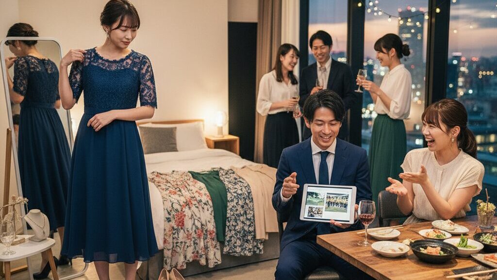 自宅の部屋で同窓会に着ていく服装を鏡の前で試着し、迷っている日本人女性。友人が集まる同窓会のイメージが背景に見える
