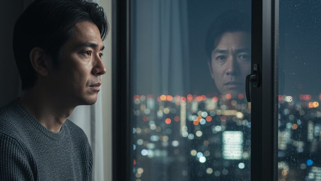 独身で負け組かと悩む40代の日本人男性が窓の外を眺めている様子