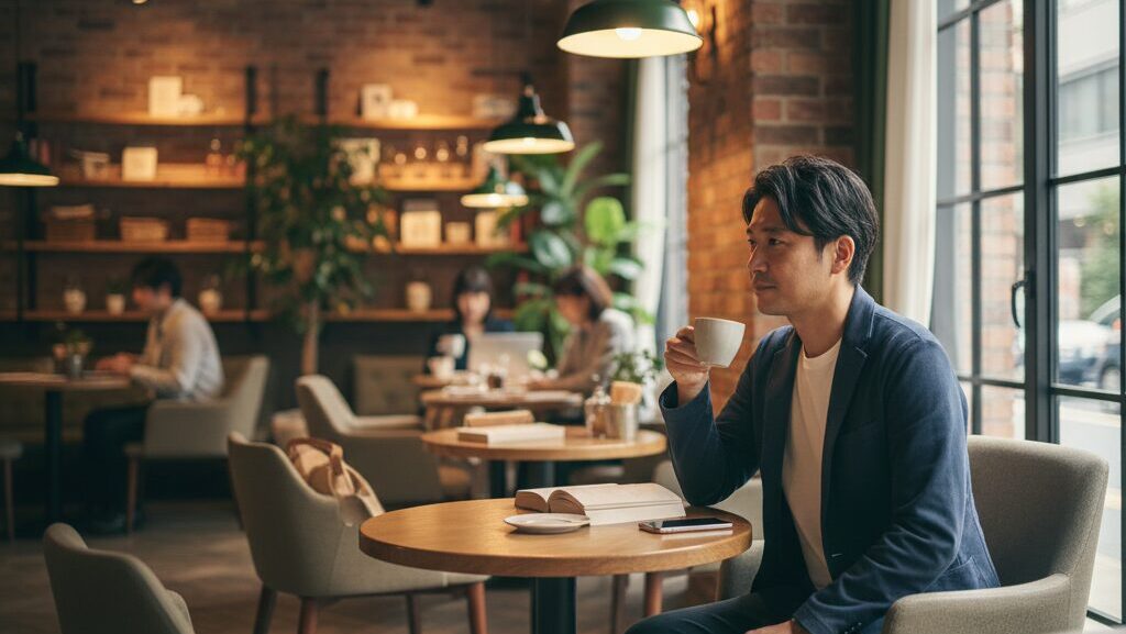 カフェで一人の時間を楽しみ、孤独と上手に付き合っている独身男性