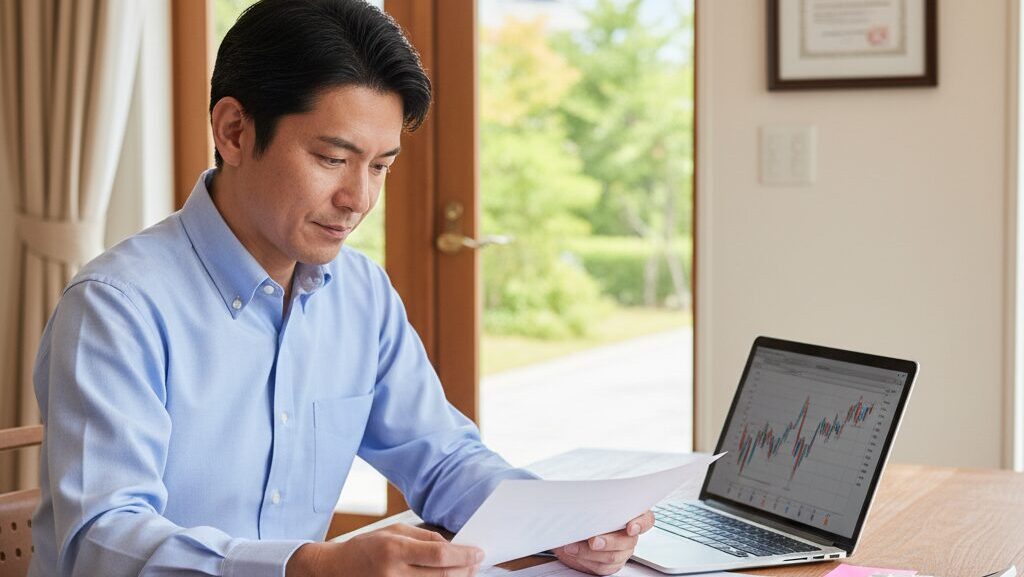 NISAやiDeCoの資料を見ながら独身の老後資金について計画する日本人