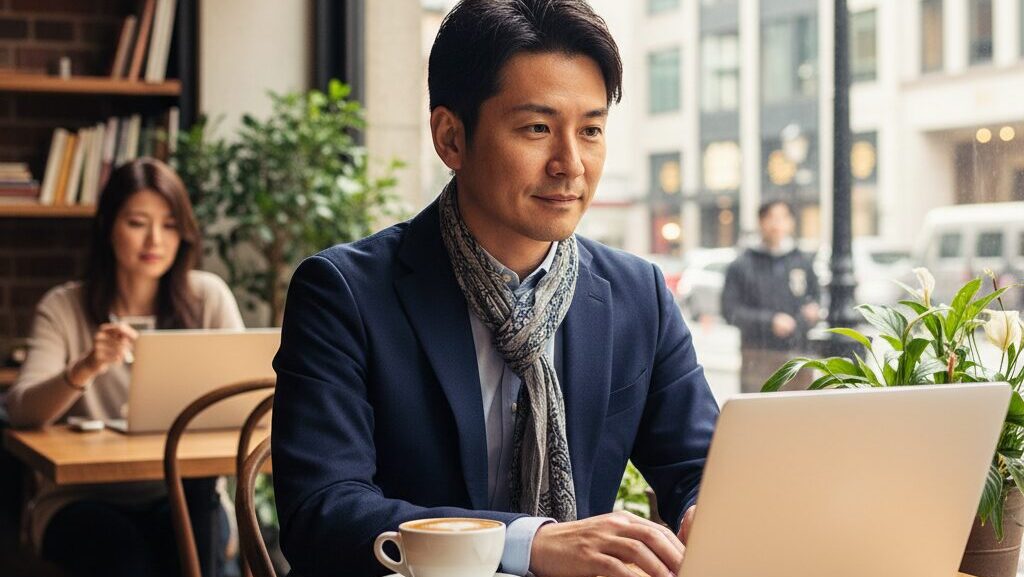 おしゃれなカフェで一人、ノートパソコンで作業をしながらコーヒーを飲む独身男性
