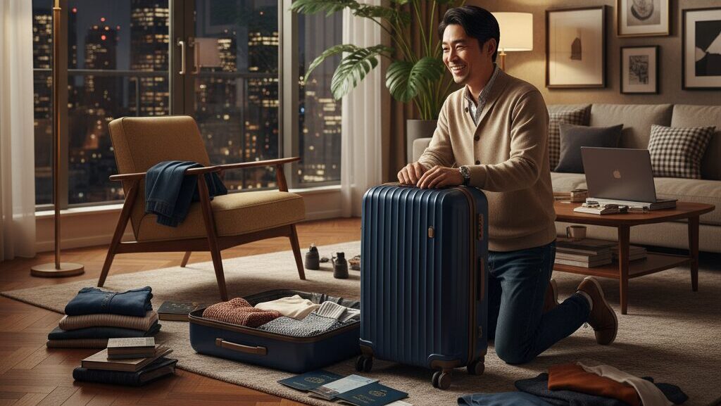 自宅のリビングで旅行の準備をしながら、楽しそうにスーツケースに荷物を詰めている独身男性