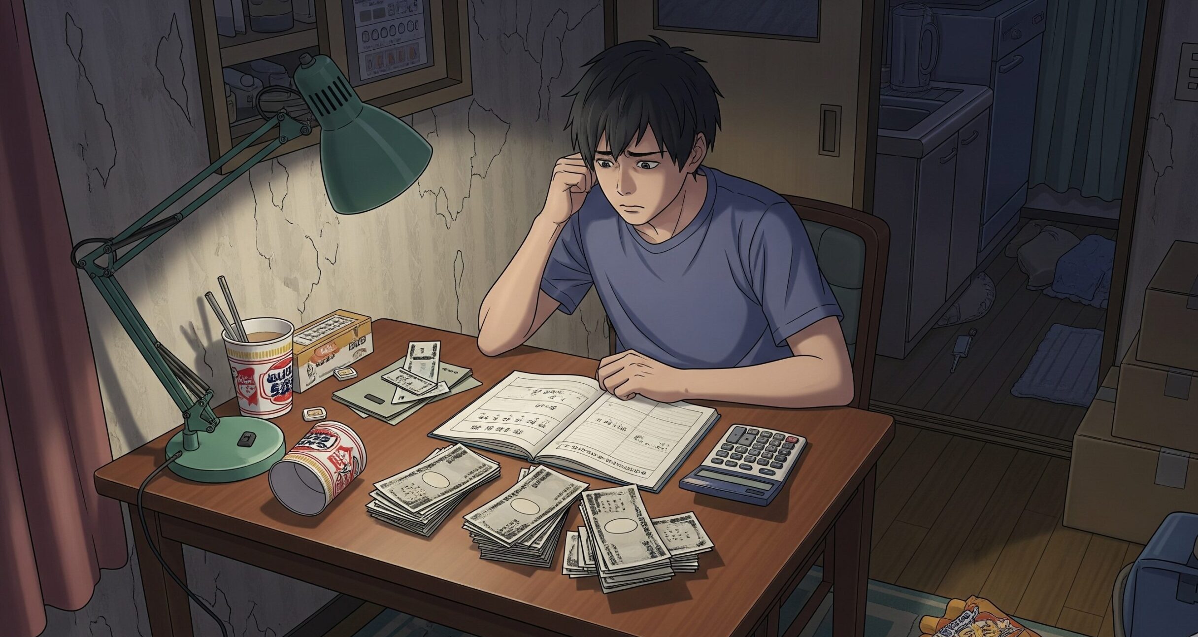 コンパクトなアパートの部屋で、家計簿と電卓を前にして請求書を見ながら悩んでいる若い一人暮らしの男性