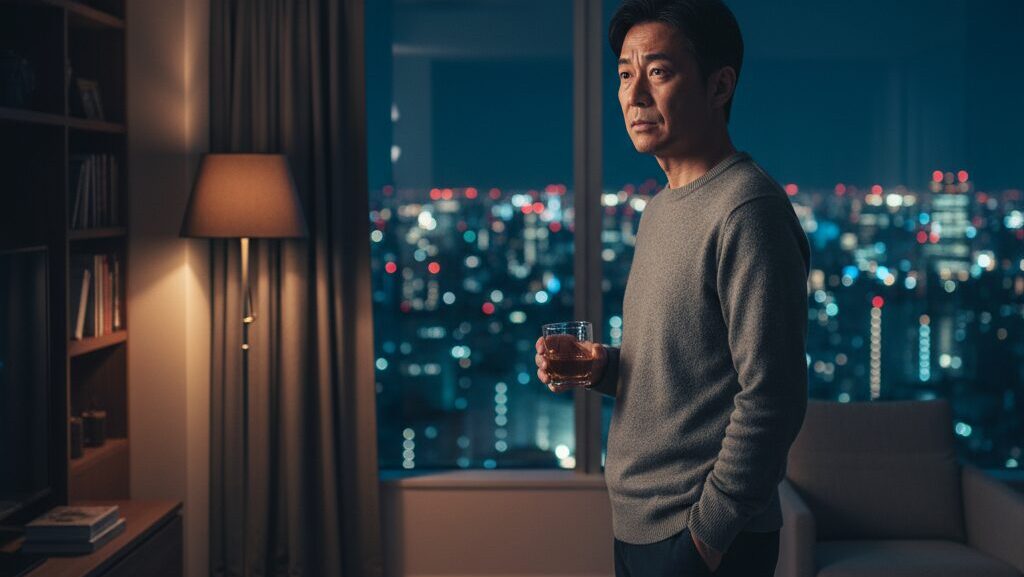夜、自宅マンションの窓から都会の夜景を眺め、物思いにふけりながら将来への不安を感じている40代独身男性
