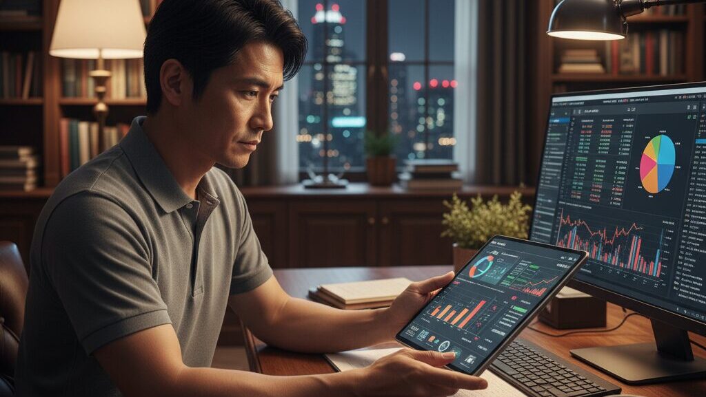 自宅の書斎でタブレットを使い、NISAやiDeCoなどの資産運用のための株価チャートを真剣な表情で分析している男性