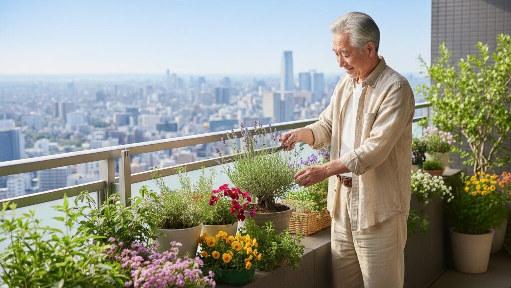 計画的な資産形成により、日当たりの良いバルコニーでガーデニングを楽しみながら、穏やかで充実した老後を過ごす高齢の独身男性
