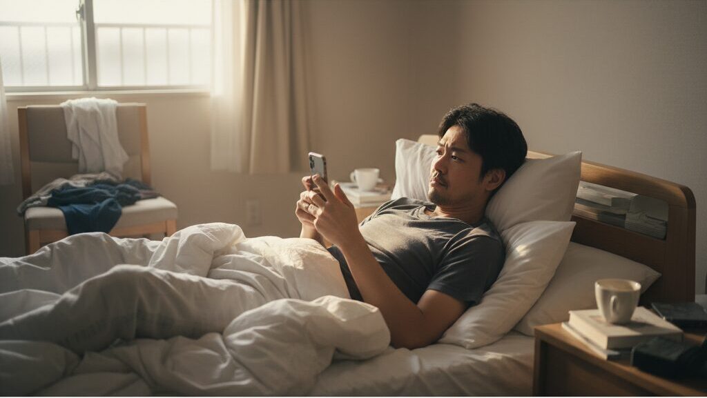 昼過ぎの光が差し込む寝室で、スマートフォンをぼんやりと眺める30代独身男性