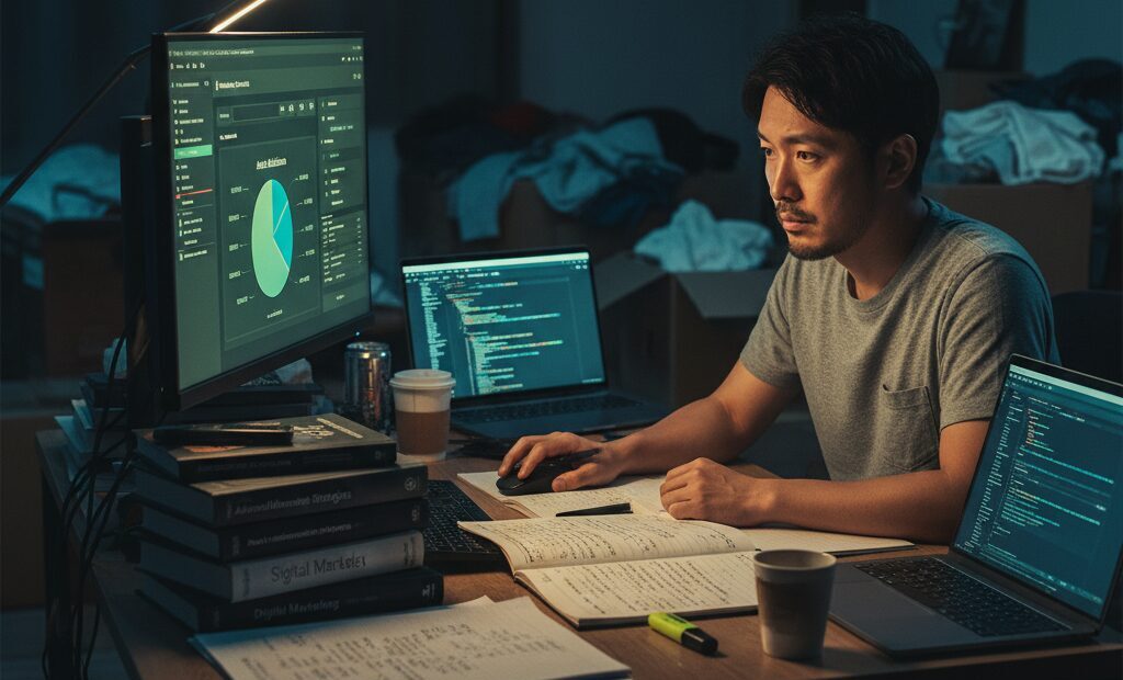 休日に自宅の机でパソコンに向かい、将来への不安を感じながら資格勉強をする30代男性