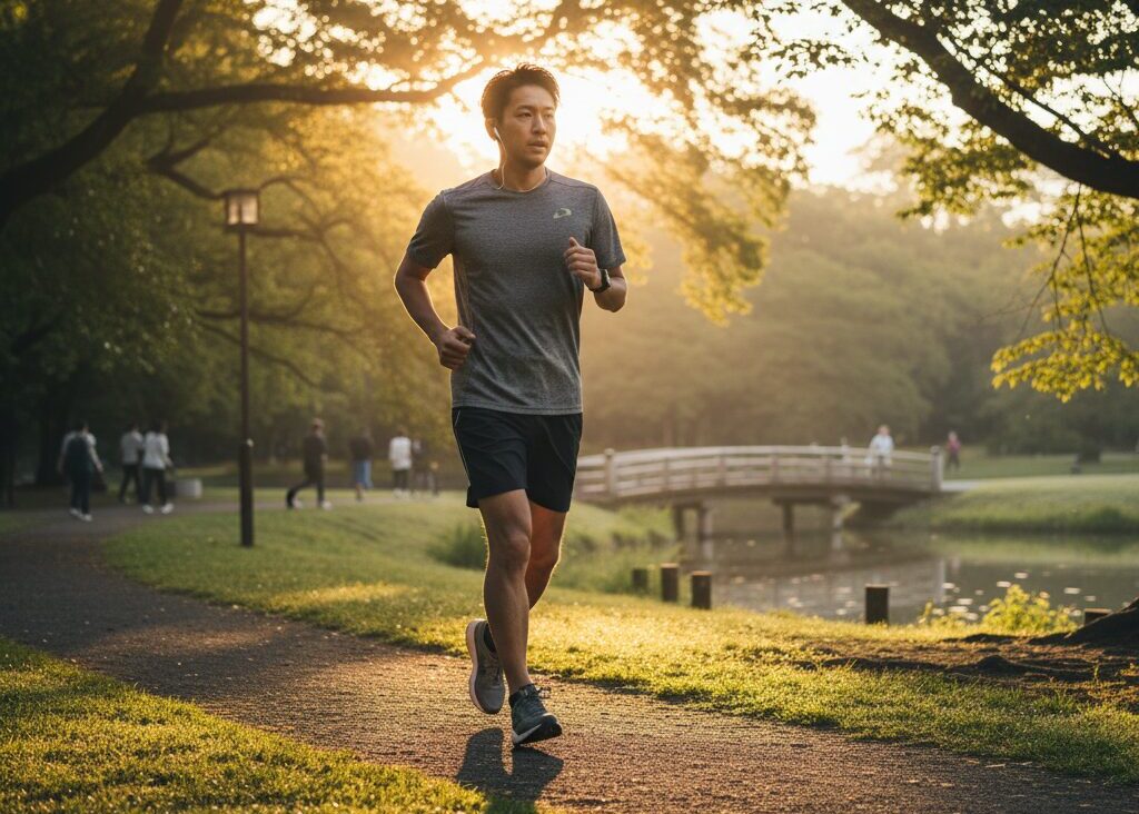 休日の朝、朝日を浴びながら公園をジョギングする30代男性