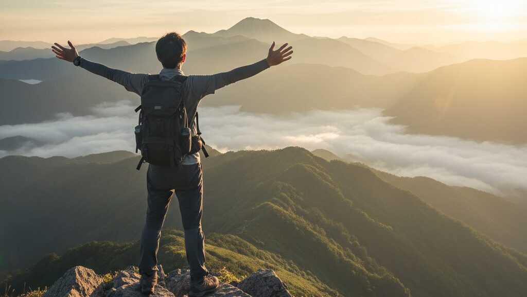 休日を利用してソロ登山を楽しみ、山頂で景色を眺めリフレッシュする30代独身男性
