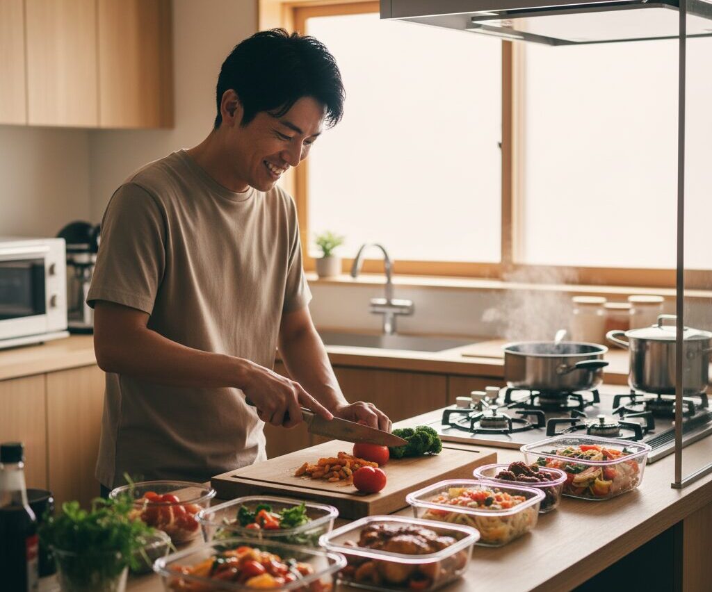 休日にキッチンで楽しみながら自炊をし、平日のための作り置きを準備する30代男性