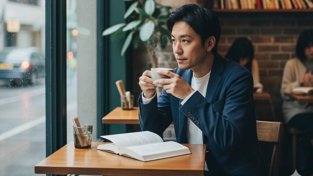 お気に入りのカフェでコーヒーを飲みながら読書をし、上質な一人の時間を過ごす30代男性