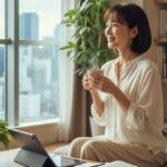 窓から街並みを眺めながらコーヒーを飲む、笑顔の日本人女性。快適な独身の一人暮らしのイメージ。