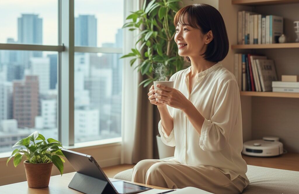 窓から街並みを眺めながらコーヒーを飲む、笑顔の日本人女性。快適な独身の一人暮らしのイメージ。