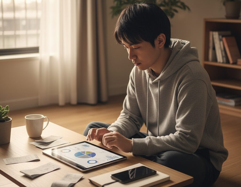 ローテーブルでタブレットを使い家計簿アプリを見ている日本人男性。生活費の管理をする様子