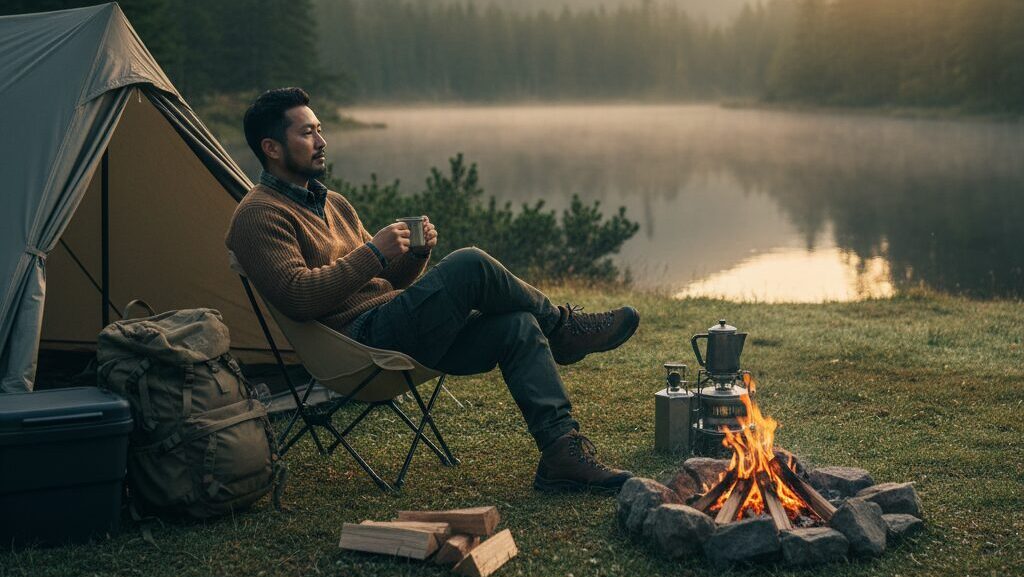 週末にソロキャンプを楽しみ、テントの前でくつろぐ独身の日本人男性