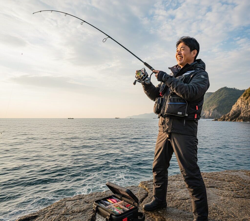 趣味の釣り道具を手に、海釣りを楽しむ独身の日本人男性