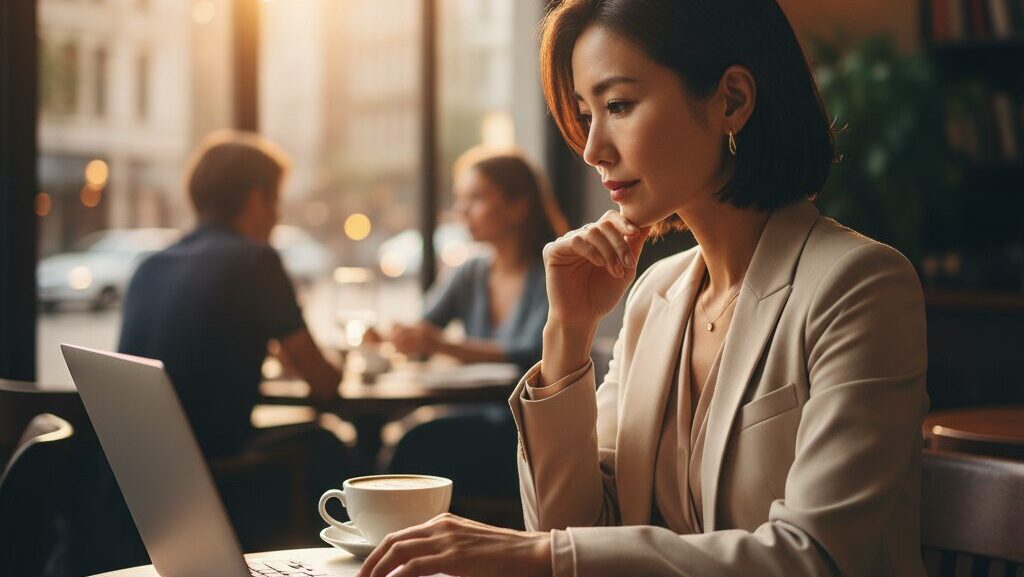 カフェでノートパソコンを開き、自信を持って仕事をするキャリアウーマンの日本人女性
