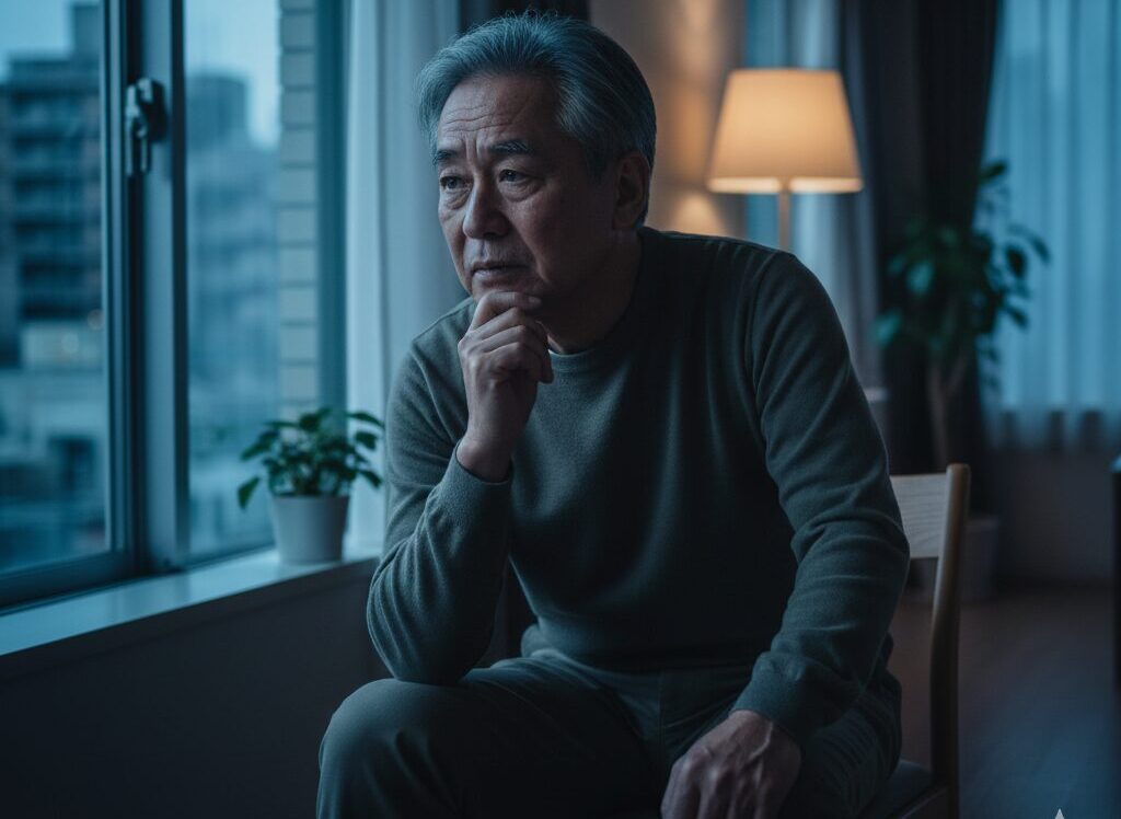 自宅の窓辺に一人で座り、少し不安げに外を眺める独身のシニア日本人男性