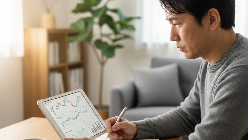 自宅でタブレット端末を使い、NISAなどの資産運用のグラフを真剣に確認する40代の日本人男性