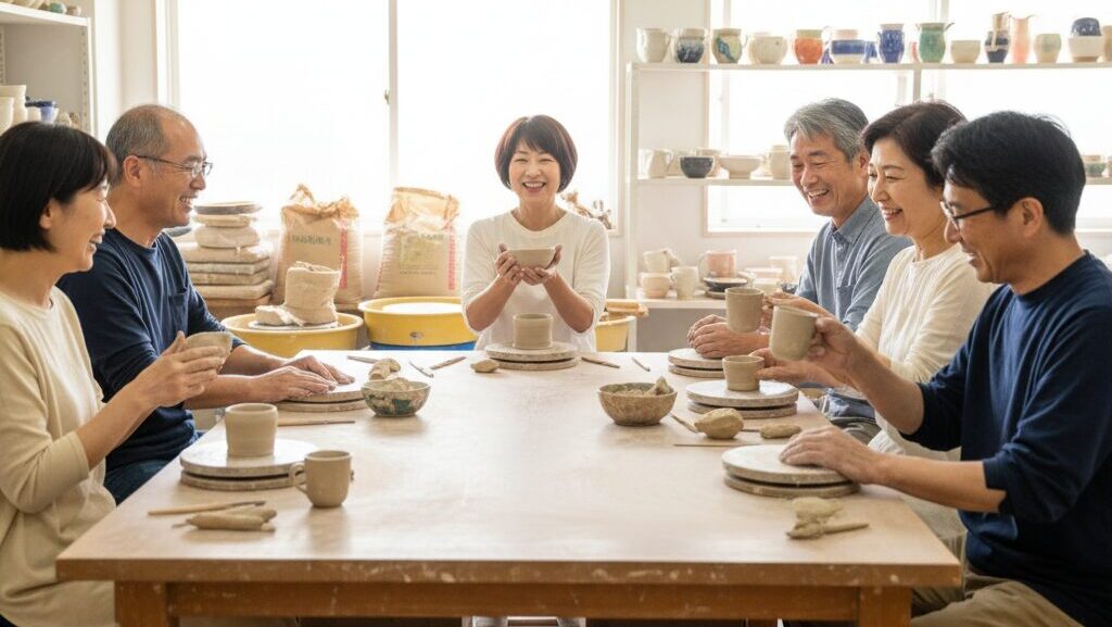陶芸教室のような趣味のサークルで、和やかに交流する中高年の日本人グループ