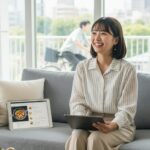 独身の女性が自宅のソファでタブレットを使い、趣味や休日の過ごし方について検索したり計画を立てたりして楽しんでいる様子。窓の外には自転車に乗る人が見える