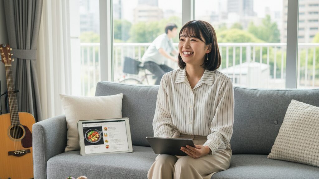 独身の女性が自宅のソファでタブレットを使い、趣味や休日の過ごし方について検索したり計画を立てたりして楽しんでいる様子。窓の外には自転車に乗る人が見える