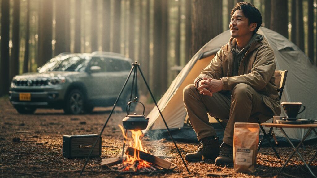 独身の男性が森の中でソロキャンプを楽しんでいる様子。焚き火のそばで椅子に座り、コーヒーを淹れながらリラックスしている