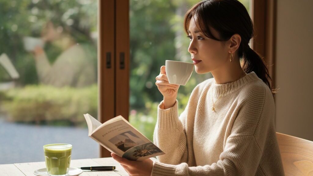 30代の独身女性がカフェでコーヒーを飲みながら本を読んでいる様子。窓から差し込む光が穏やかな時間を演出している