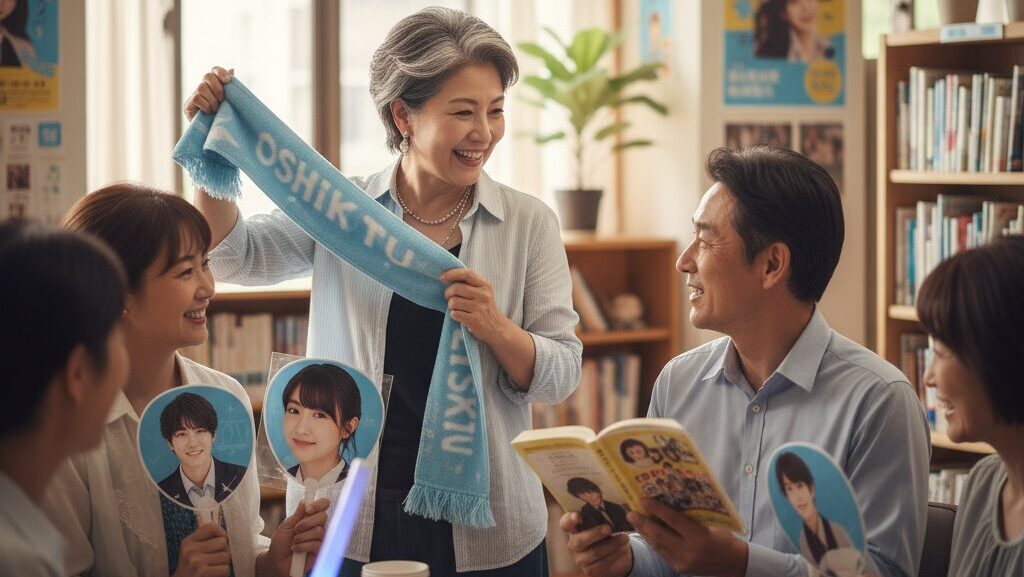 50代の独身男女が「推し活」のイベントで交流している様子。アイドルグッズを手に笑顔で会話しており、新しいコミュニティを楽しんでいる