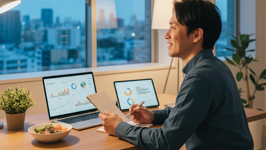 独身の男性が自宅でノートパソコンとタブレットを使い、投資や資産運用について勉強している様子。夜景が見える窓際で、将来に備えている