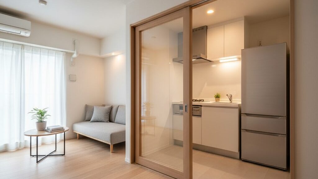 ドアで仕切られた1Kの部屋。手前にリビング、奥にキッチンと冷蔵庫が見える