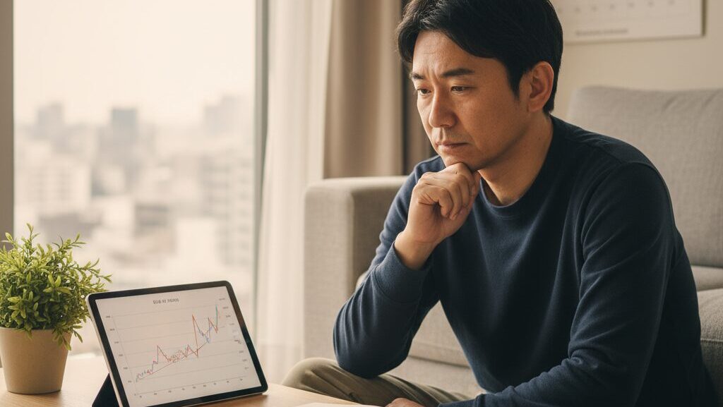 ローテーブルでタブレットを見ながら考え込んでいる日本人男性。将来の資産や老後の資金について悩む様子。