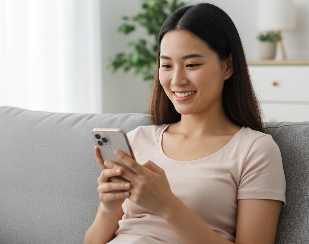 女性が自宅のソファでSNSのやり取りをしている様子