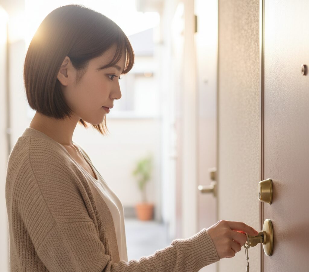 女性が外出する際に、鍵を閉めている様子
